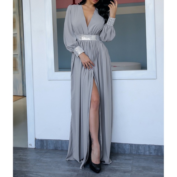 MBM Unlimited Dresses & Skirts - Grey Plunge Silver Contrast Wrap Gown Maxi Dress